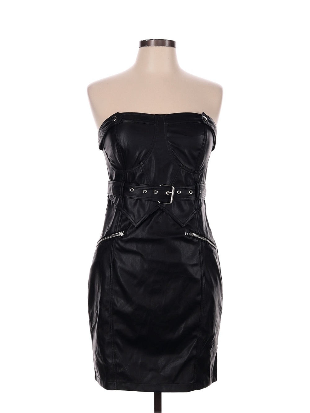 Strapless Black Faux Leather Belted Mini Dress
